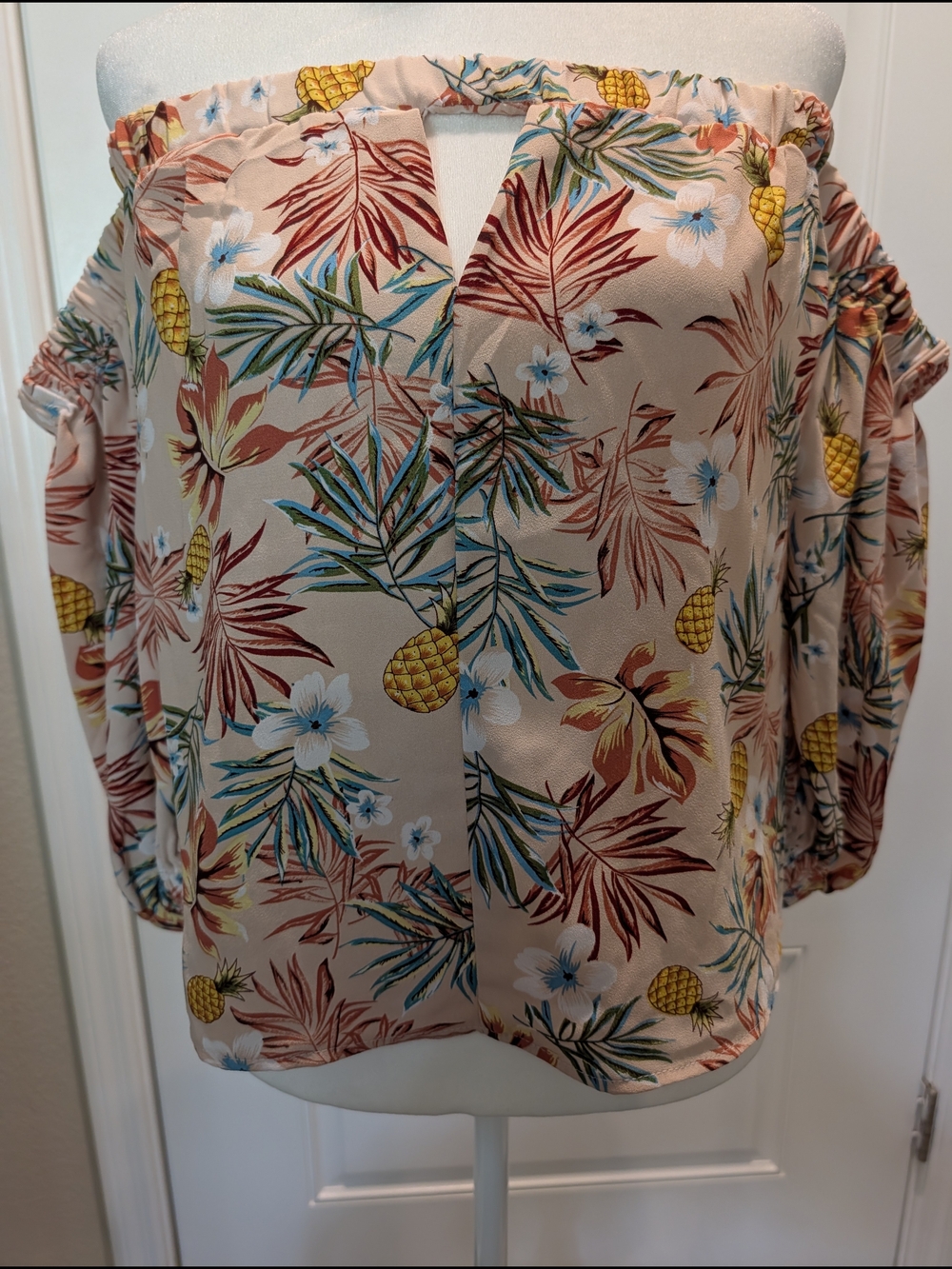 Romeo & Juliet Couture Off-Shoulder Tropical Blouse - Pink, Yellow, Green, Blue